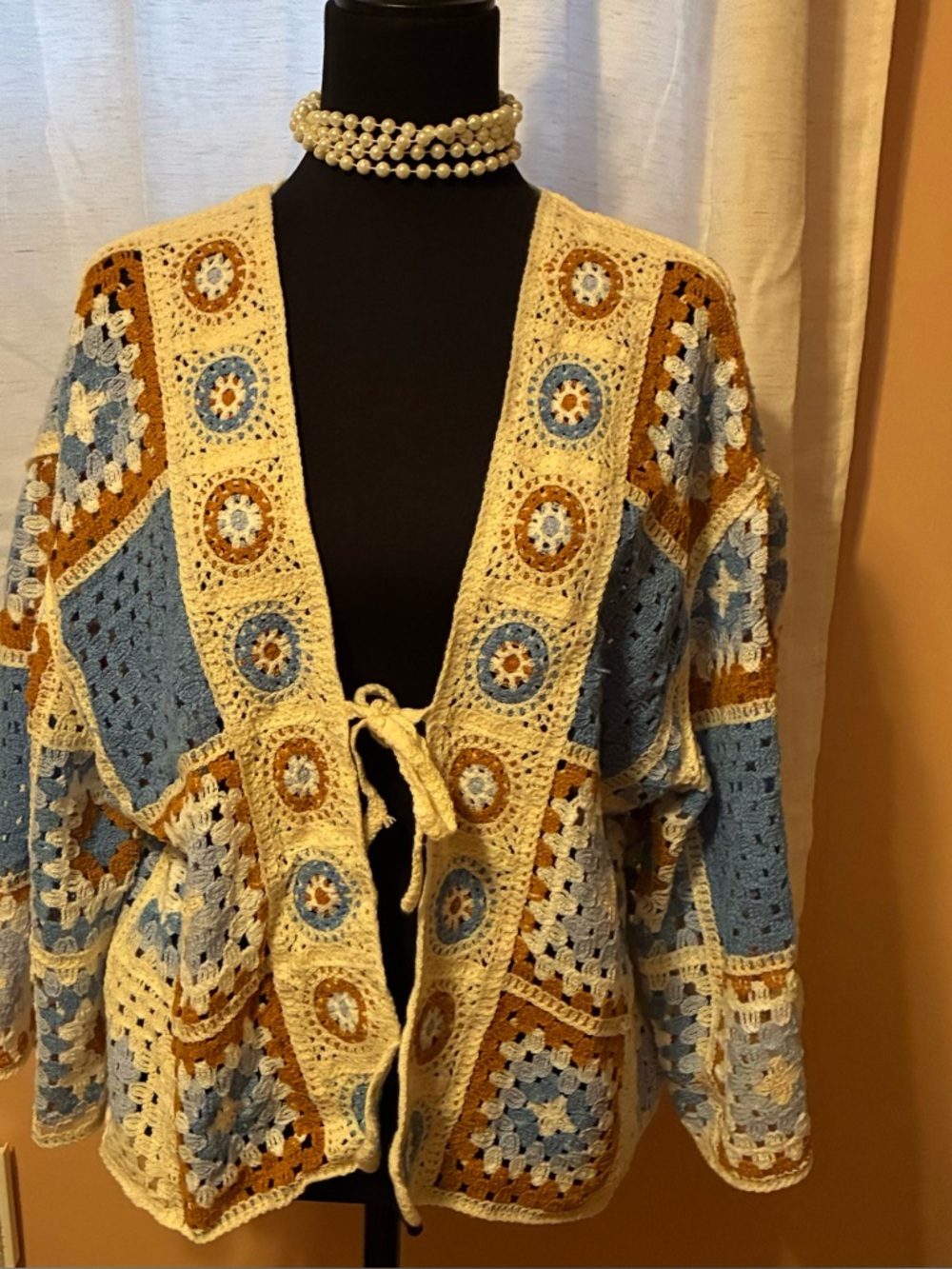 POL Crochet Patchwork Open-Front Sweater Cardigan in Cream, Blue & Brown